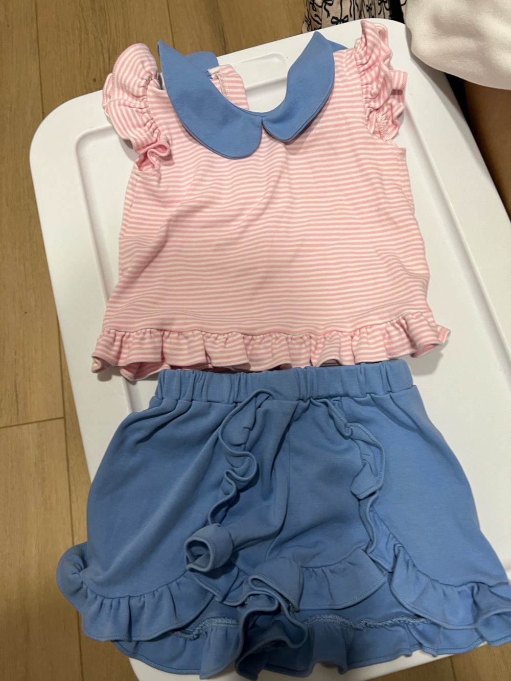 Girls Pink Striped Ruffle Top and Blue Ruffle Shorts Set